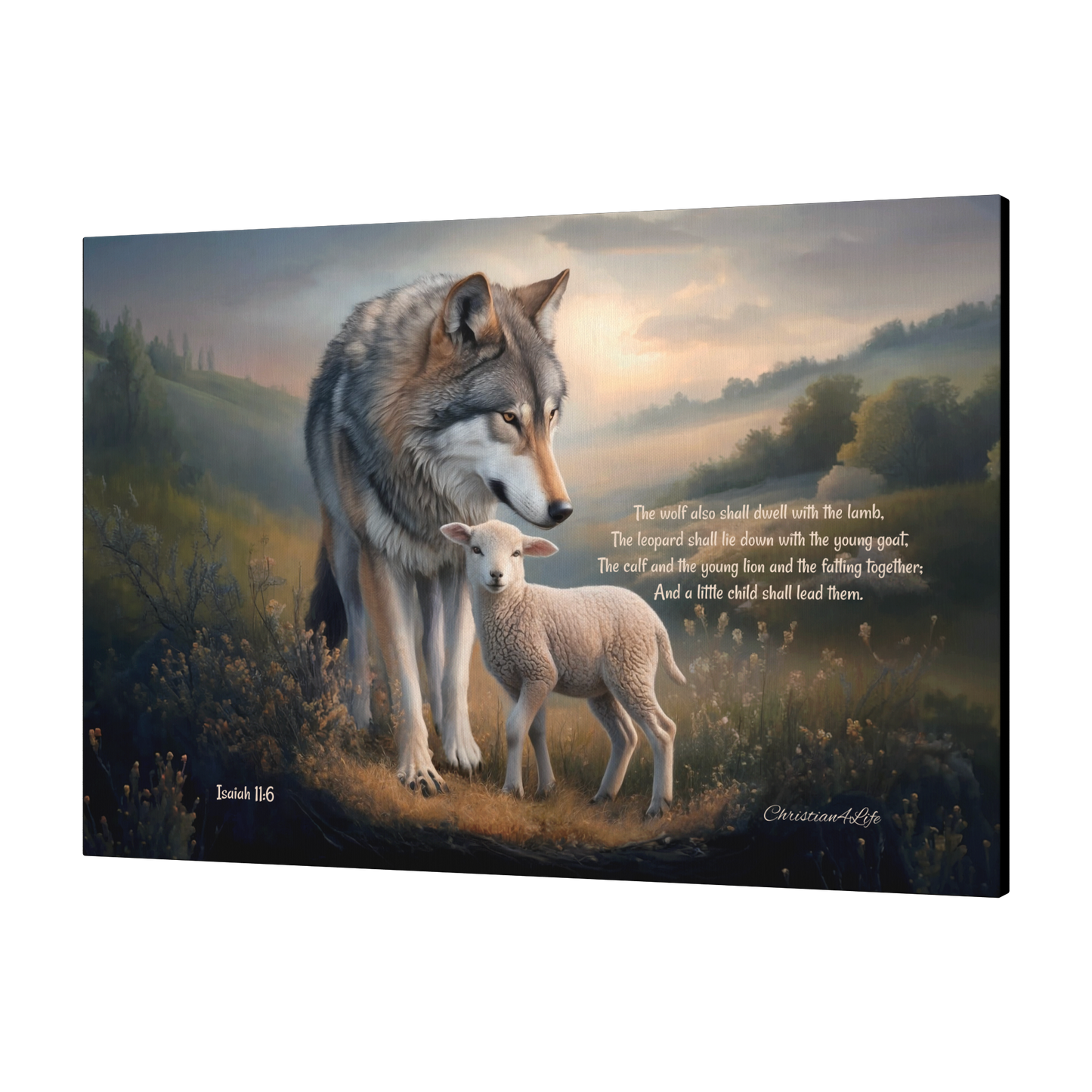 Wolf and Lamb, Christian Wall Art, Gallery Wrapped Canvas, with Isaiah 11:6 Quote