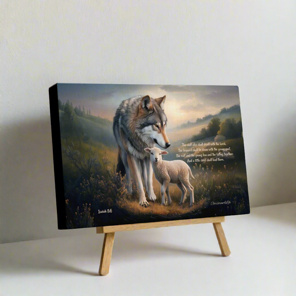 Wolf and Lamb, Christian Wall Art, Gallery Wrapped Canvas, with Isaiah 11:6 Quote