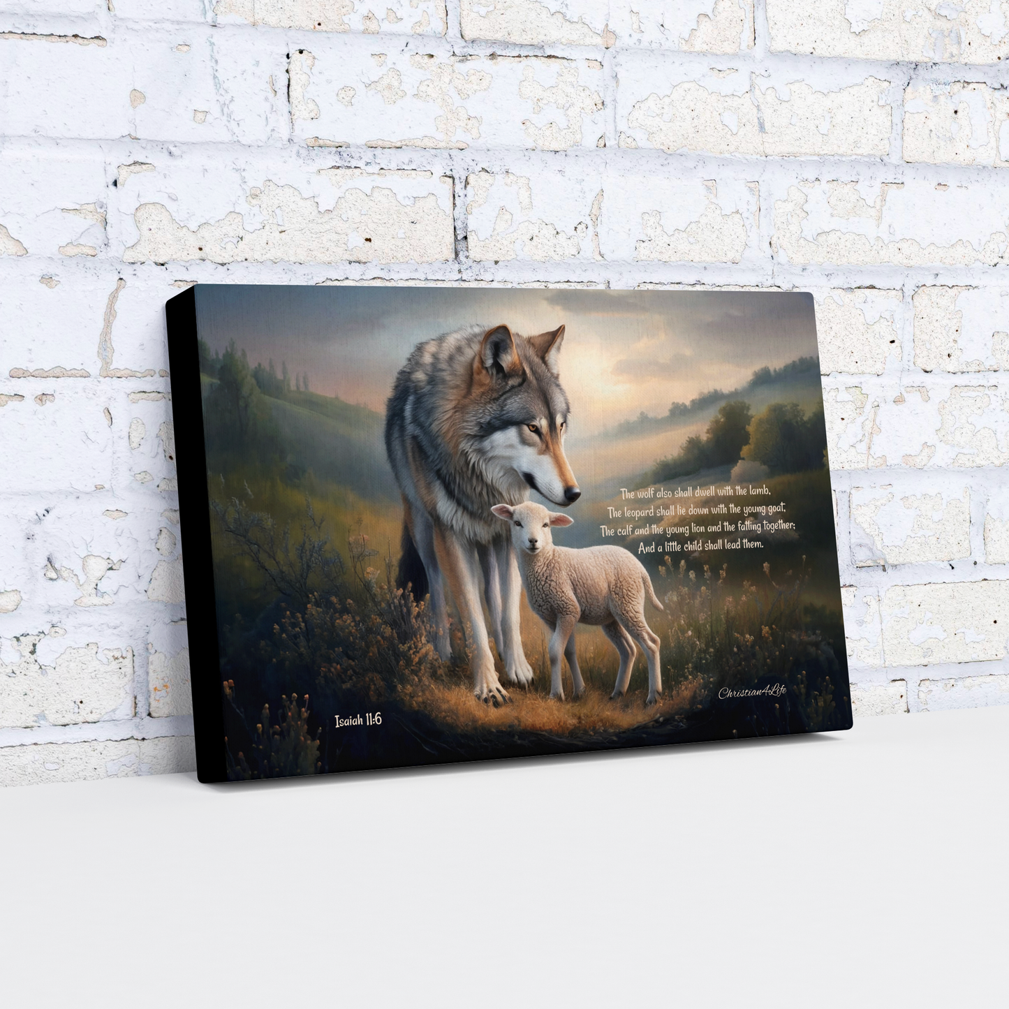 Wolf and Lamb, Christian Wall Art, Gallery Wrapped Canvas, with Isaiah 11:6 Quote