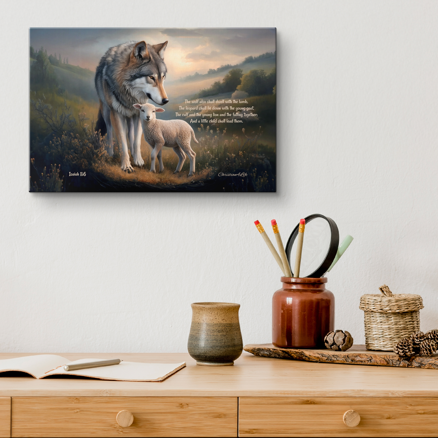 Wolf and Lamb, Christian Wall Art, Gallery Wrapped Canvas, with Isaiah 11:6 Quote
