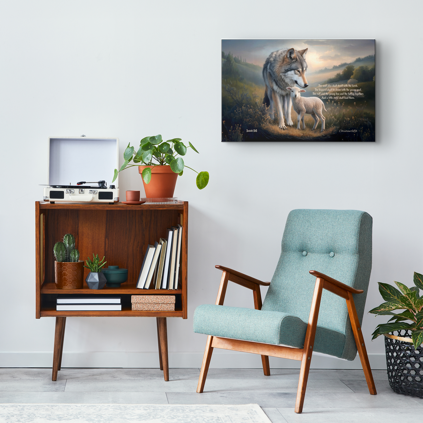 Wolf and Lamb, Christian Wall Art, Gallery Wrapped Canvas, with Isaiah 11:6 Quote