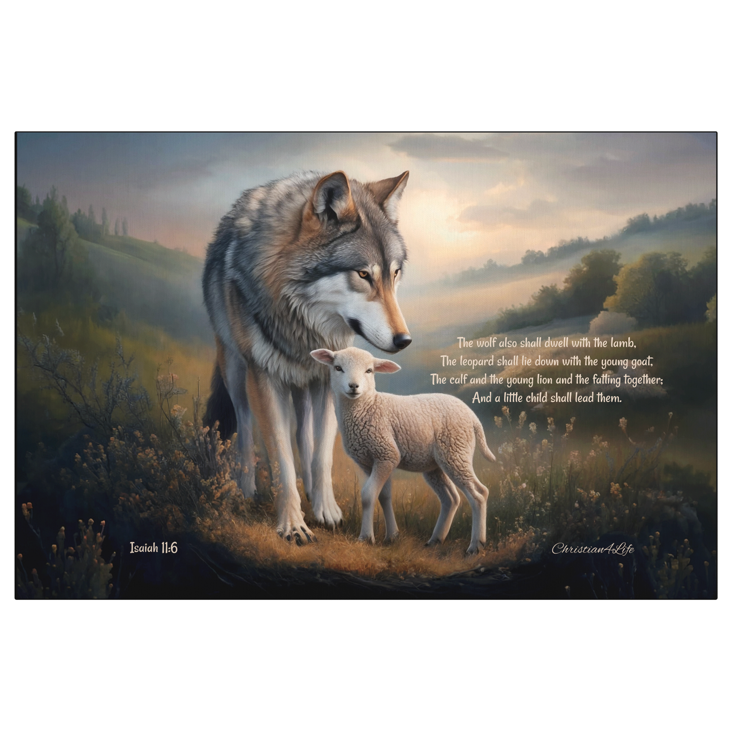 Wolf and Lamb, Christian Wall Art, Gallery Wrapped Canvas, with Isaiah 11:6 Quote