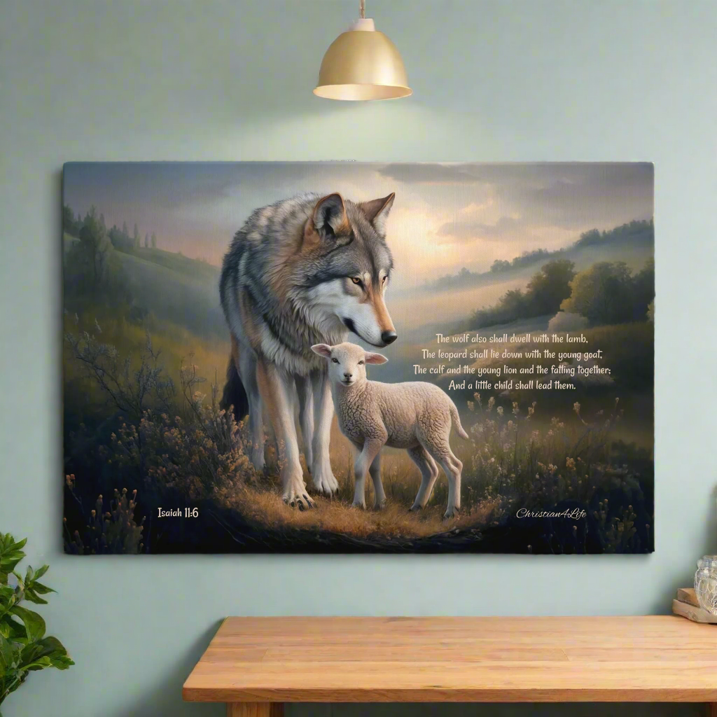 Wolf and Lamb, Christian Wall Art, Gallery Wrapped Canvas, with Isaiah 11:6 Quote