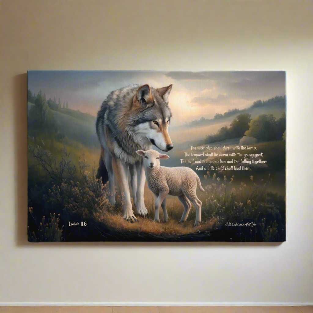 Wolf and Lamb, Christian Wall Art, Gallery Wrapped Canvas, with Isaiah 11:6 Quote