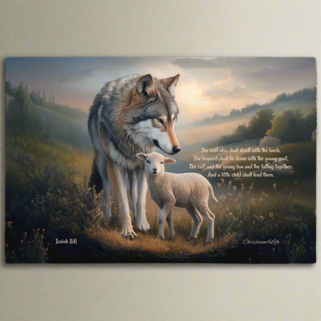 Wolf and Lamb, Christian Wall Art, Gallery Wrapped Canvas, with Isaiah 11:6 Quote