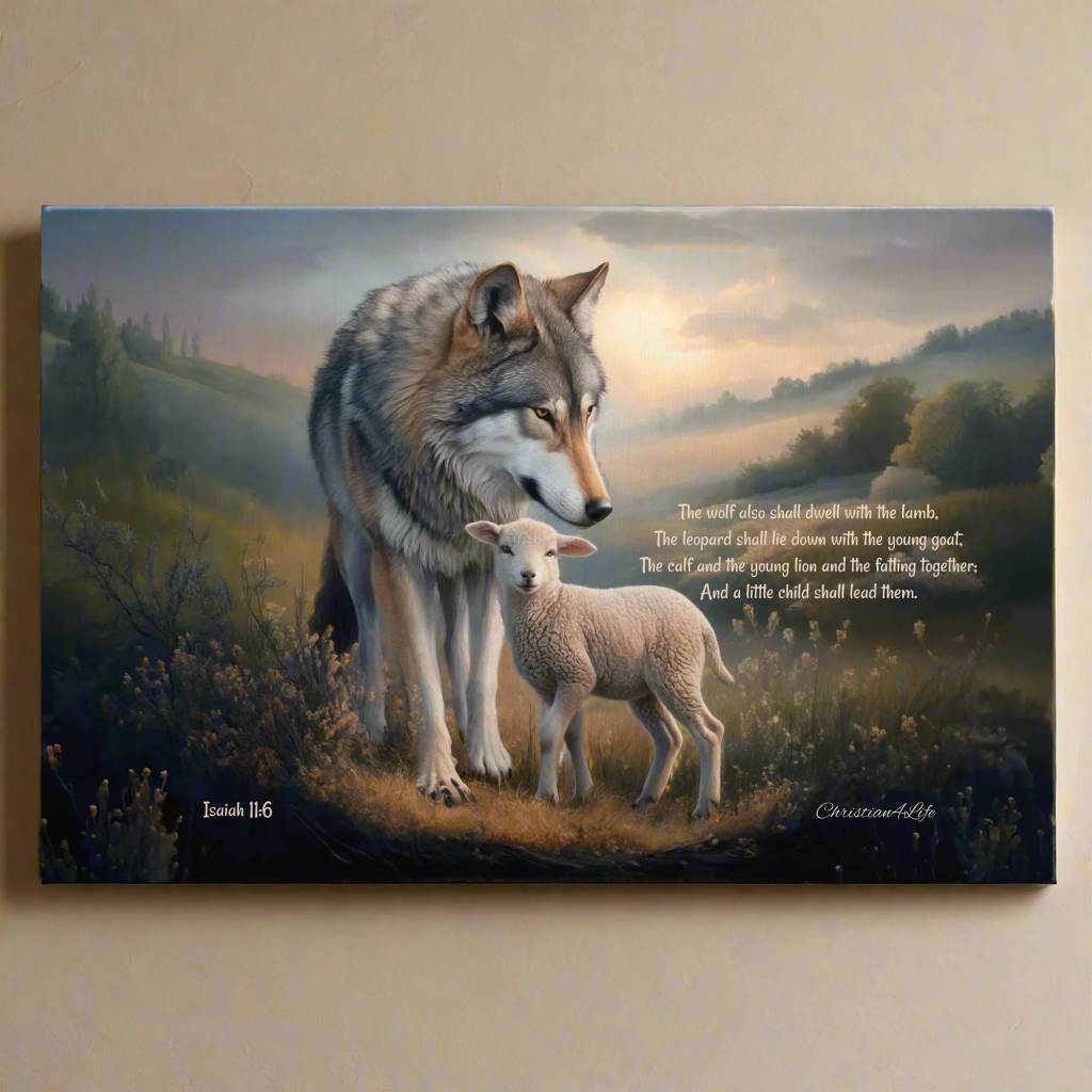 Wolf and Lamb, Christian Wall Art, Gallery Wrapped Canvas, with Isaiah 11:6 Quote