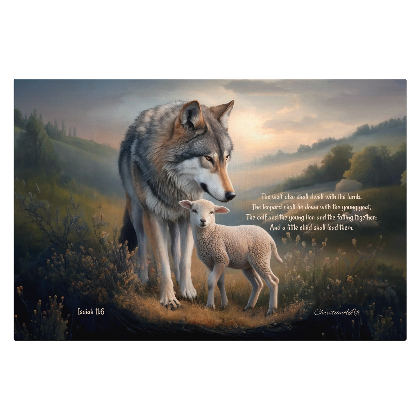 Wolf and Lamb, Christian Wall Art, Gallery Wrapped Canvas, with Isaiah 11:6 Quote