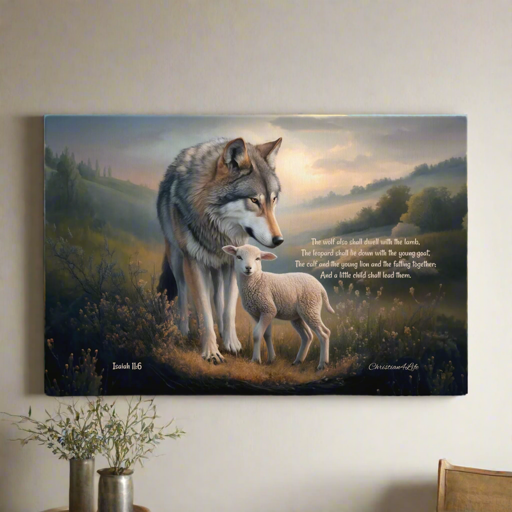 Wolf and Lamb, Christian Wall Art, Gallery Wrapped Canvas, with Isaiah 11:6 Quote