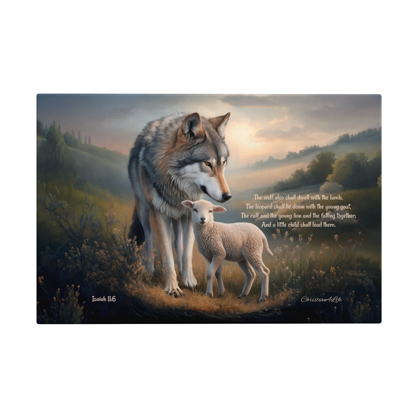 Wolf and Lamb, Christian Wall Art, Gallery Wrapped Canvas, with Isaiah 11:6 Quote