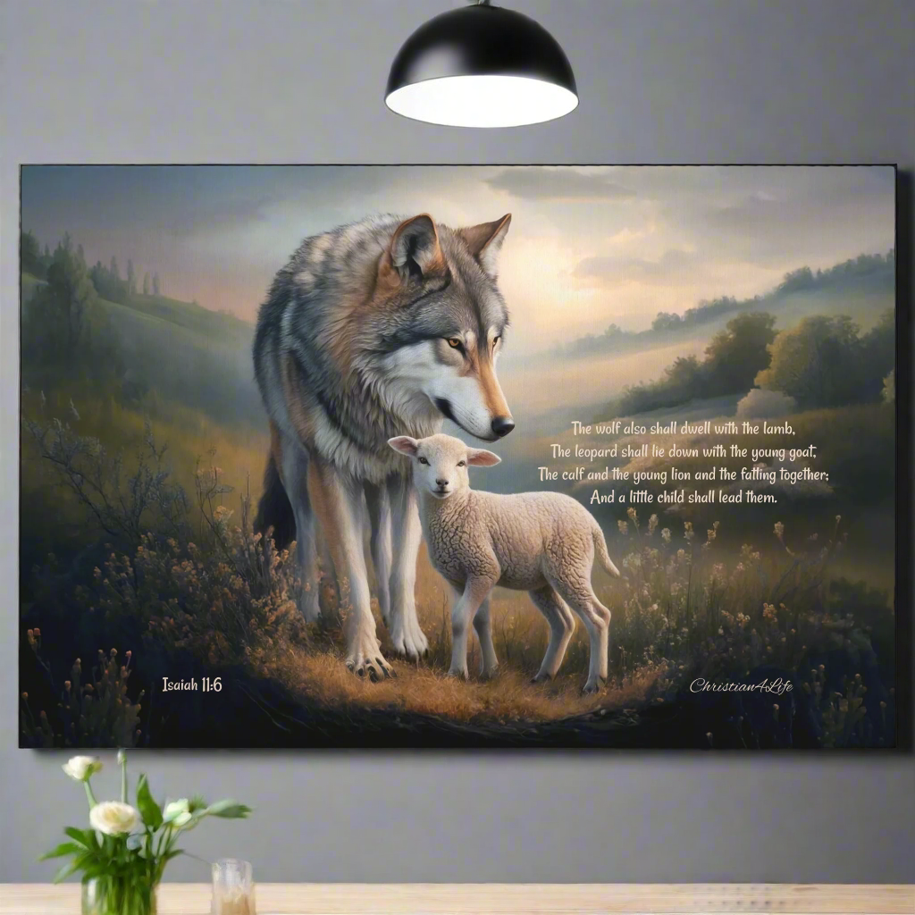 Wolf and Lamb, Christian Wall Art, Gallery Wrapped Canvas, with Isaiah 11:6 Quote
