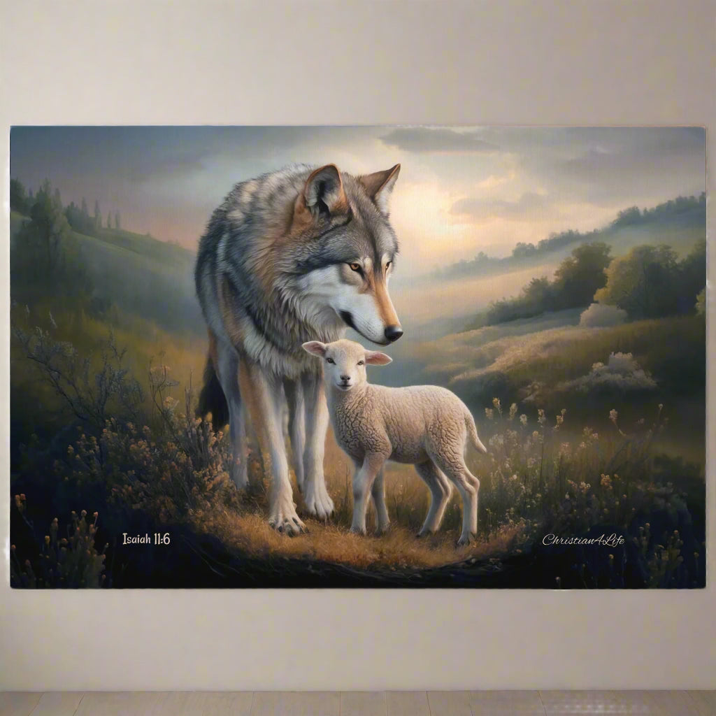 Wolf and lamb standing together in a scenic landscape