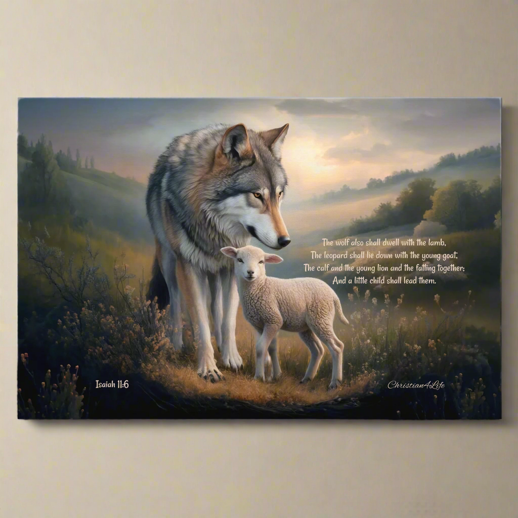 Wolf and Lamb, Christian Wall Art, Gallery Wrapped Canvas, with Isaiah 11:6 Quote