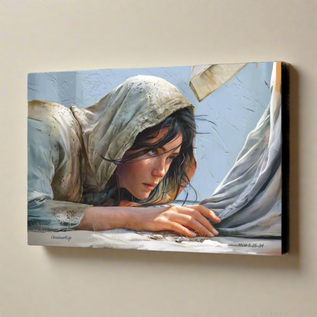 Painting of a woman with a headscarf on a beige wall