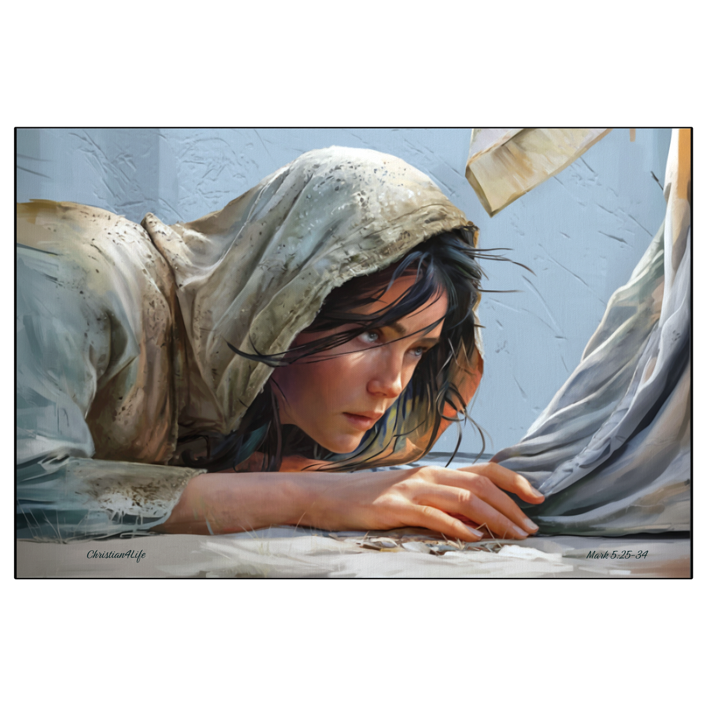 Artistic depiction of a woman touching the hem of Jesus