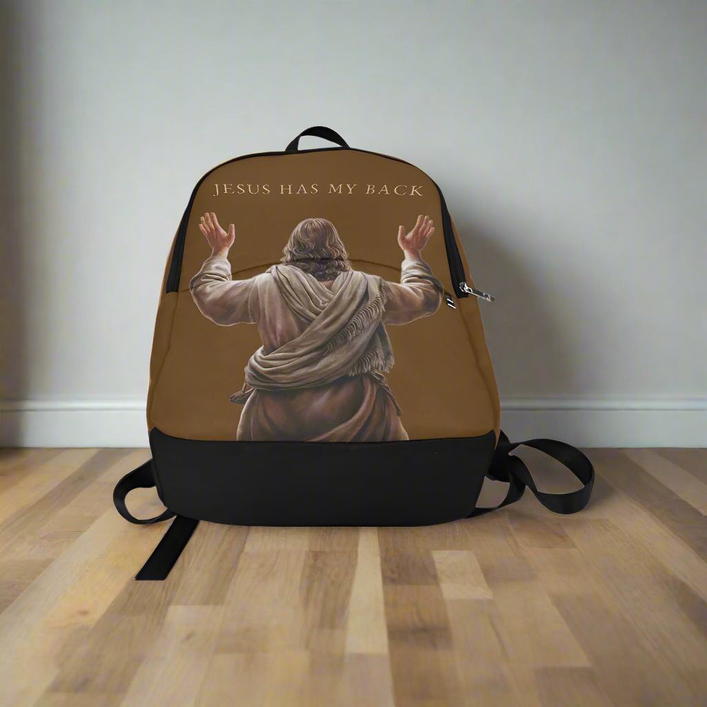 "Jesus Has My Back" Graphic design Christian Backpack (Choose Brown Shade)