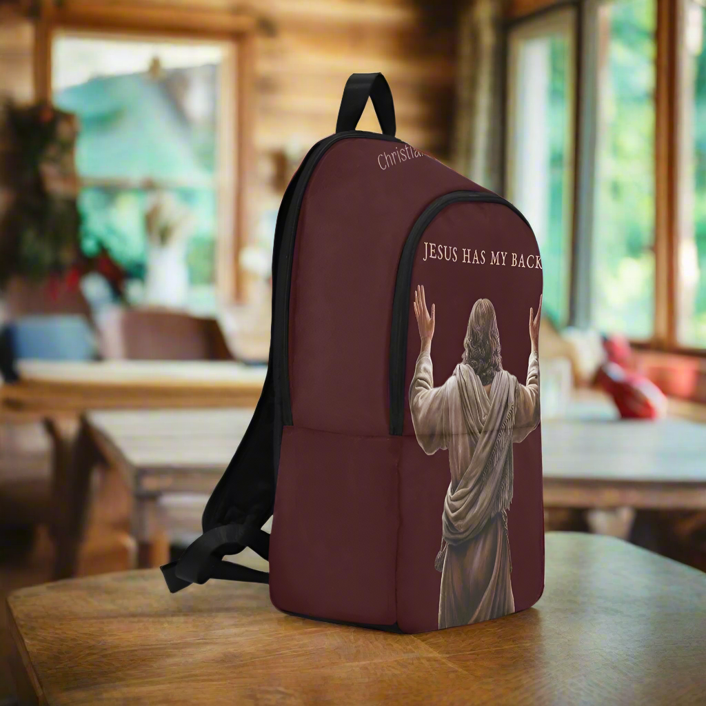 "Jesus Has My Back" Graphic design Christian Backpack (Choose Brown Shade)