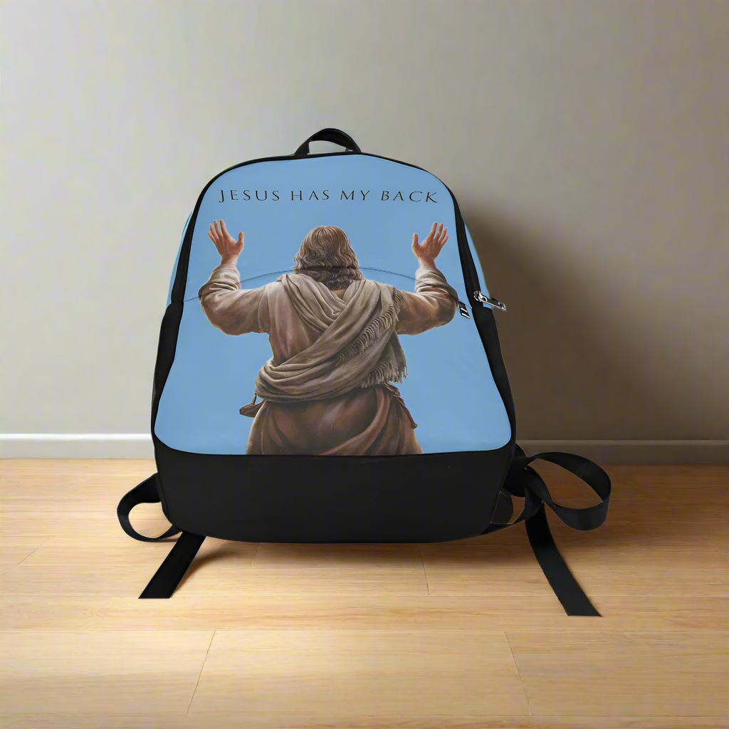 "Jesus Has My Back" Christian Backpack-Black Side Accent (Choose Green or Blue shades)