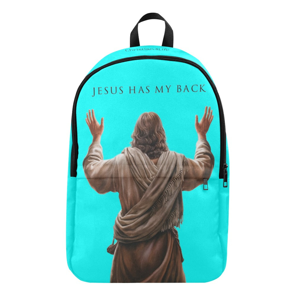 Backpack with a graphic of Jesus with outstretched arms and 'Jesus Has My Back' text on a turquoise background.