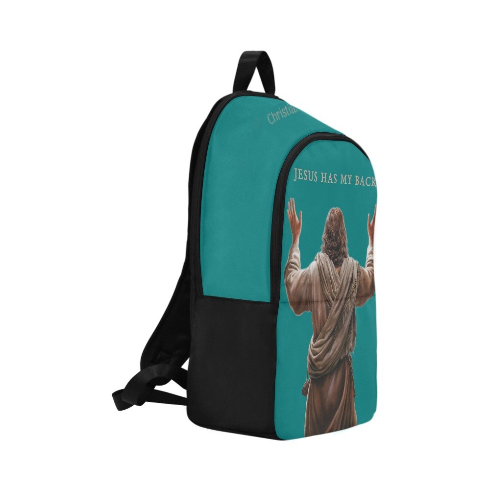 "Jesus Has My Back" Christian Backpack-Black Side Accent (Choose Green or Blue shades)