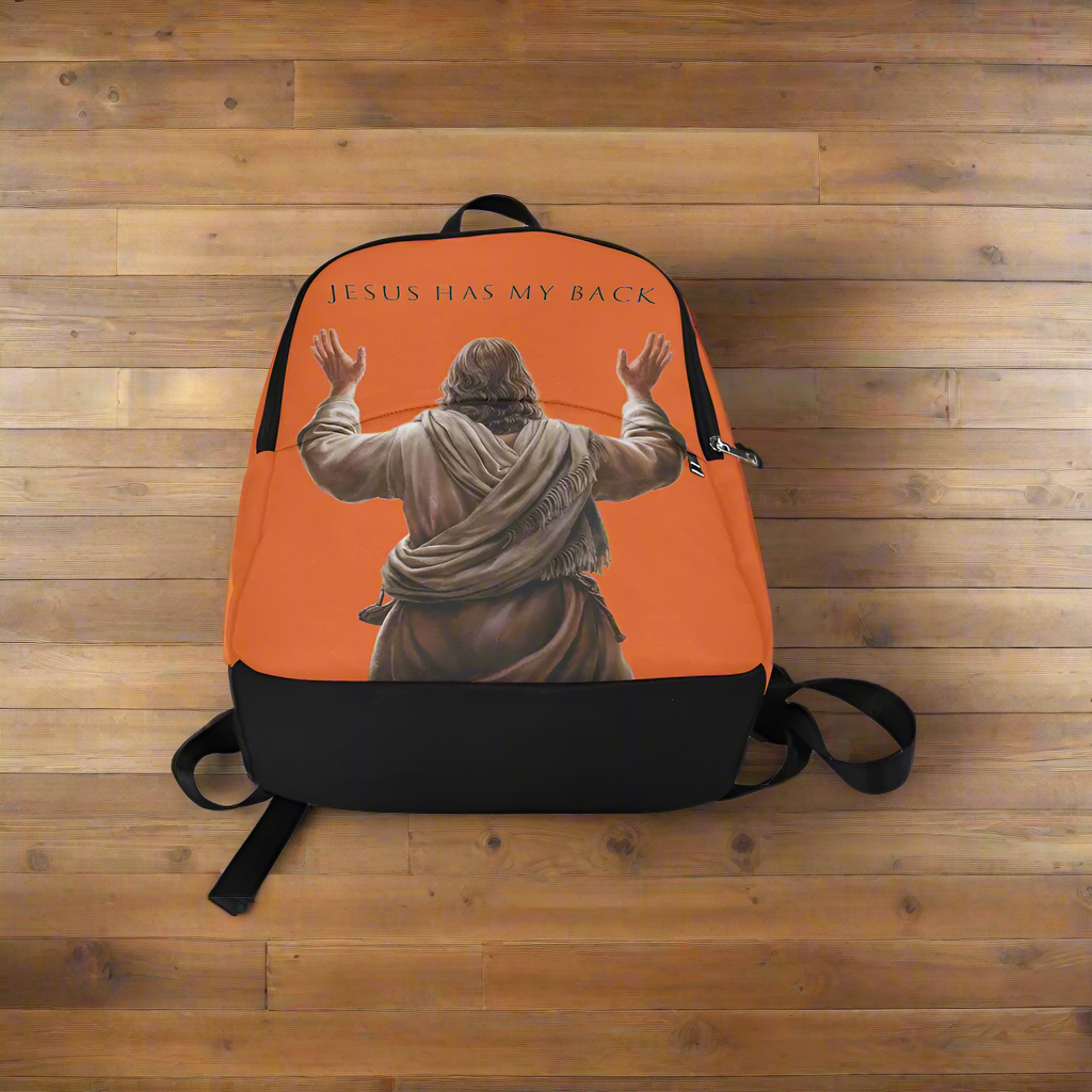 "Jesus Has My Back" Graphic design Christian Backpack (Choose Orange Shade)