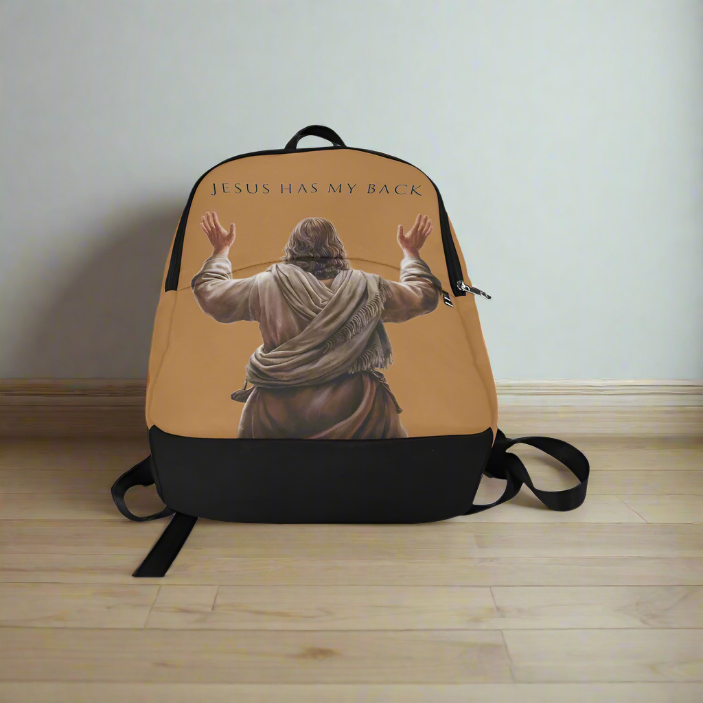 "Jesus Has My Back" Graphic design Christian Backpack (Choose Brown Shade)