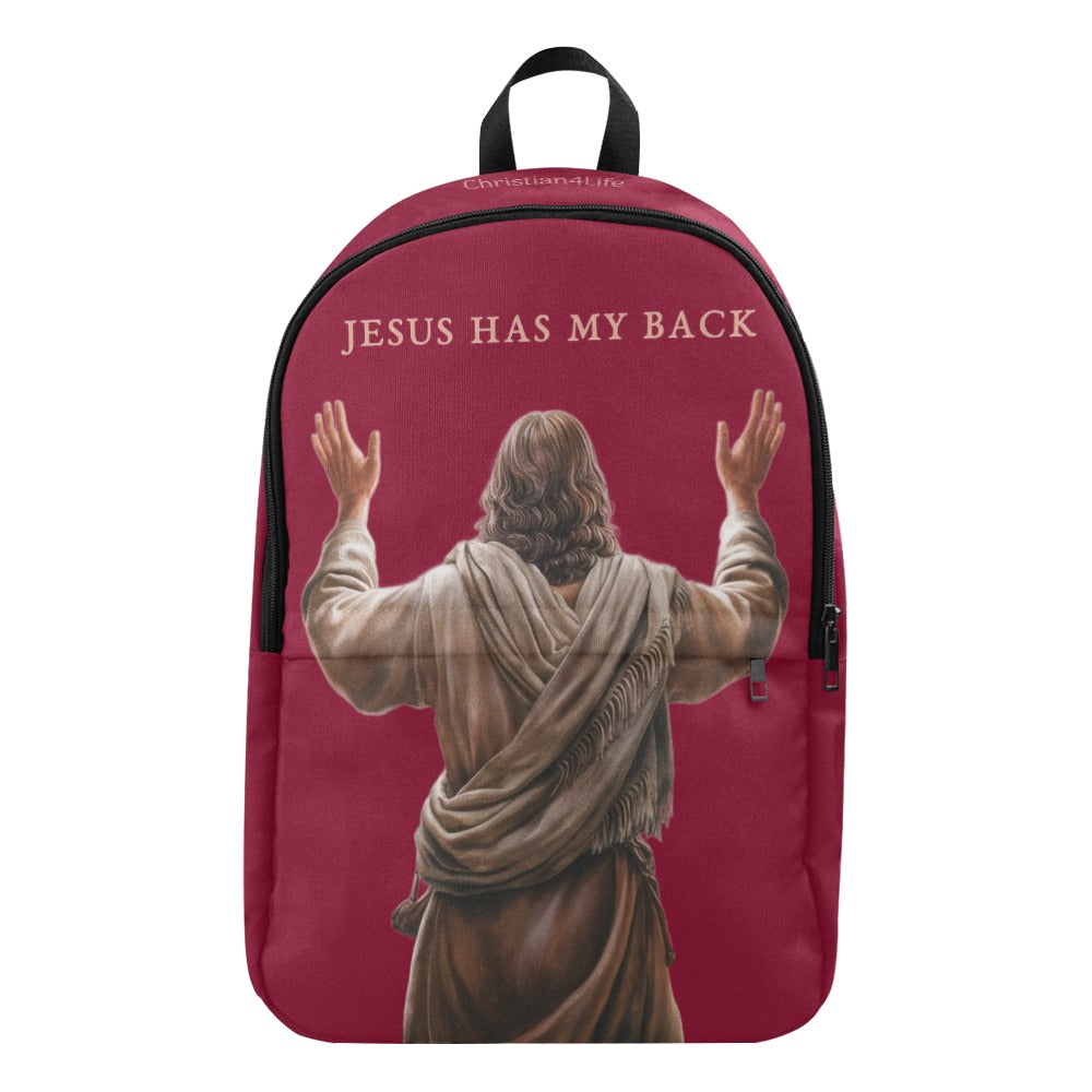 Backpack with a graphic of Jesus with outstretched arms and 'Jesus Has My Back' text on a red background.
