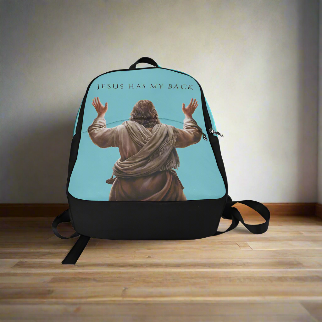 "Jesus Has My Back" Christian Backpack-Black Side Accent (Choose Green or Blue shades)