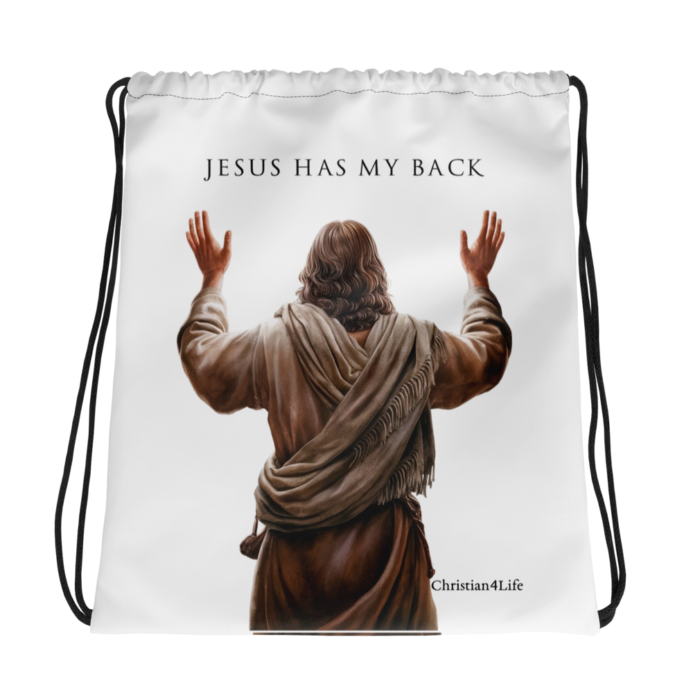 ’Jesus Has My Back’ Drawstring bag 15″ × 17″ (white) - Bags