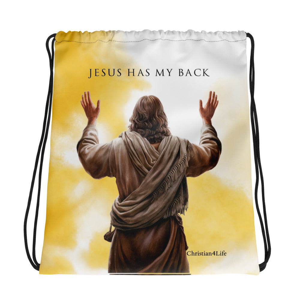’Jesus Has My Back’ Drawstring bag 15″ × 17″ (yellow tie-dye) - Bags