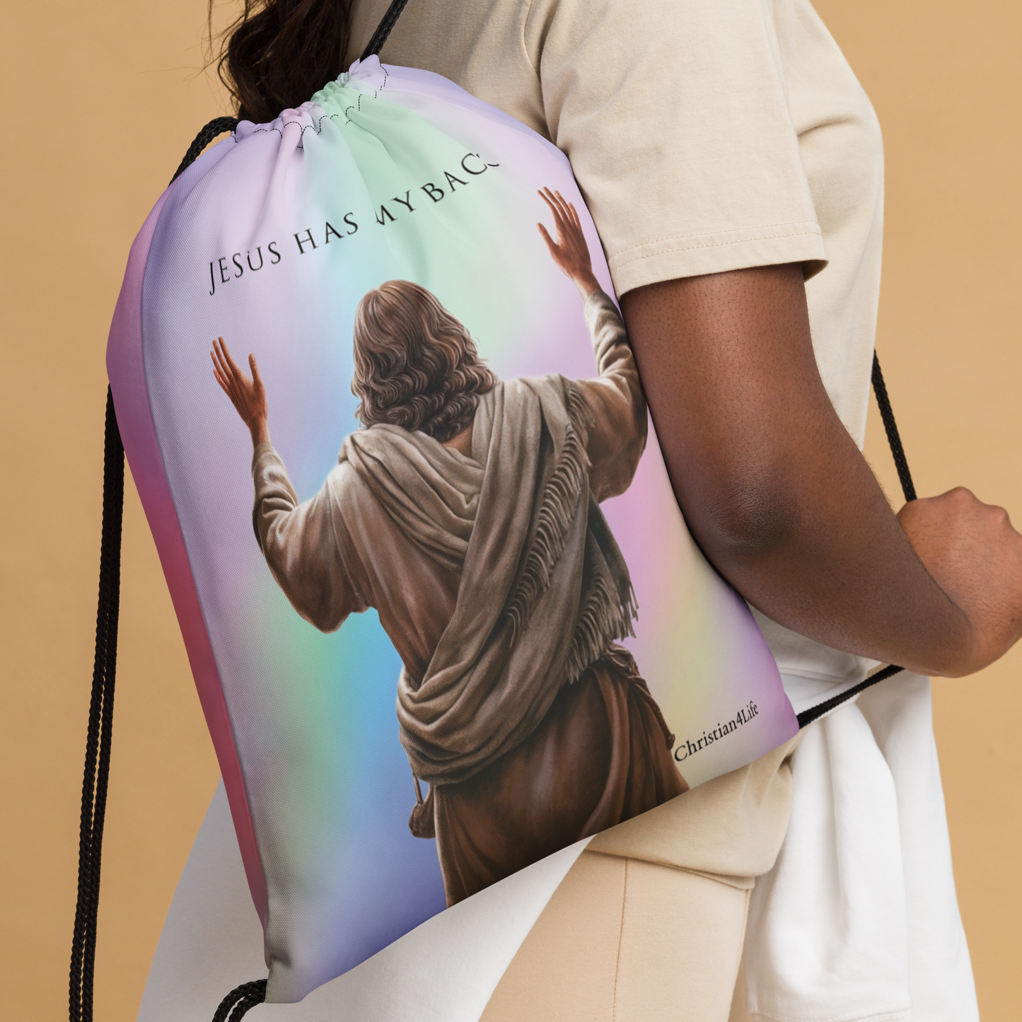 ’Jesus Has My Back’ 15″ × 17″ Drawstring bag (multi-color) - Bags