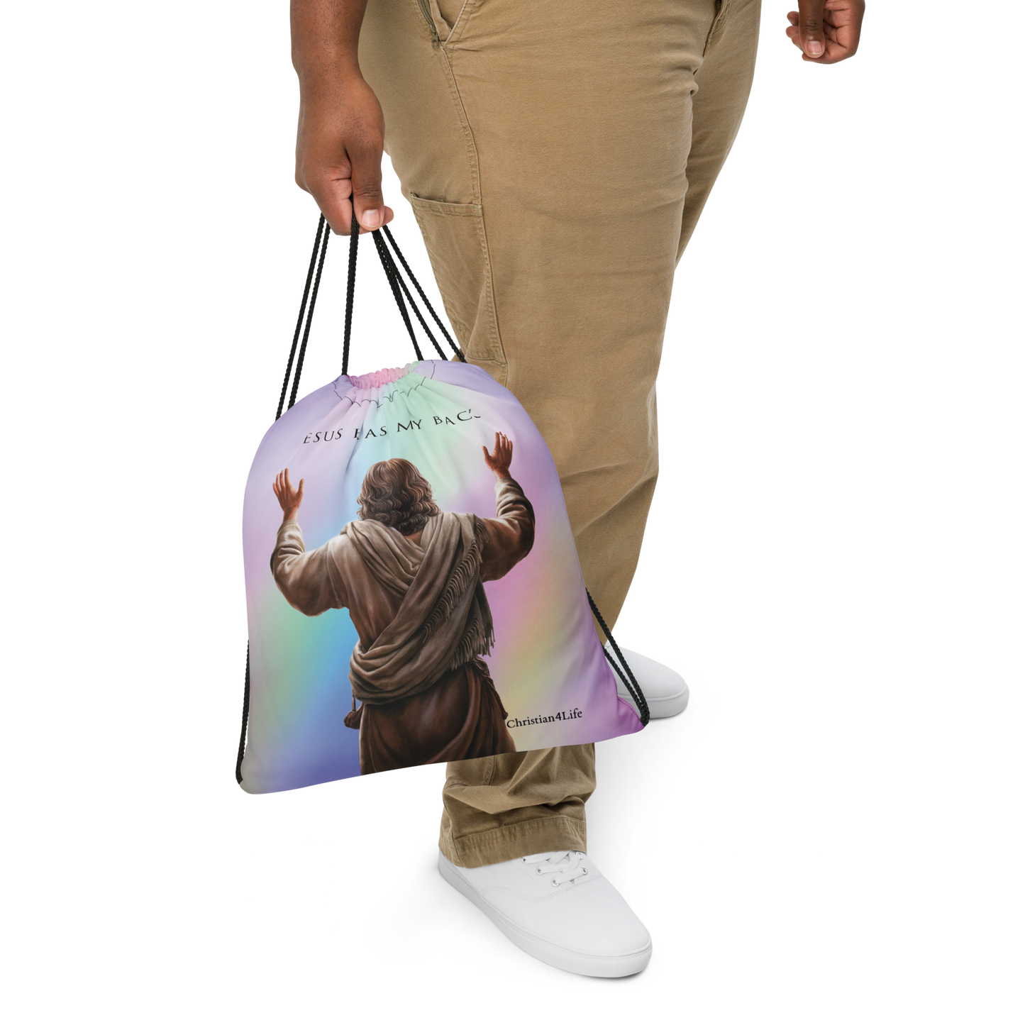 ’Jesus Has My Back’ 15″ × 17″ Drawstring bag (multi-color) - Bags