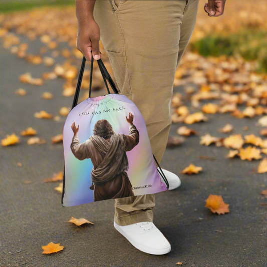 ’Jesus Has My Back’ 15″ × 17″ Drawstring bag (multi-color) - Bags