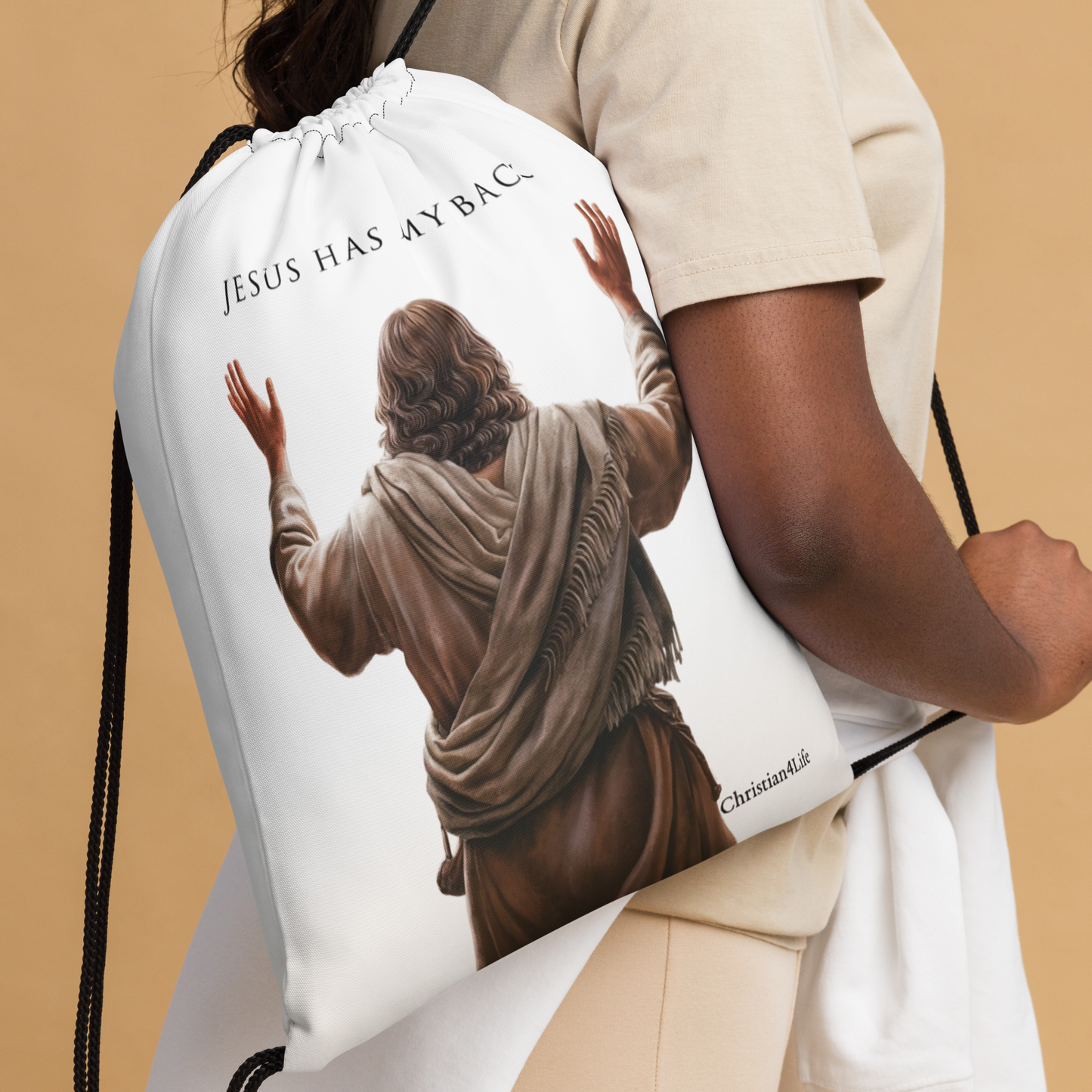 ’Jesus Has My Back’ Drawstring bag 15″ × 17″ (white) - Bags