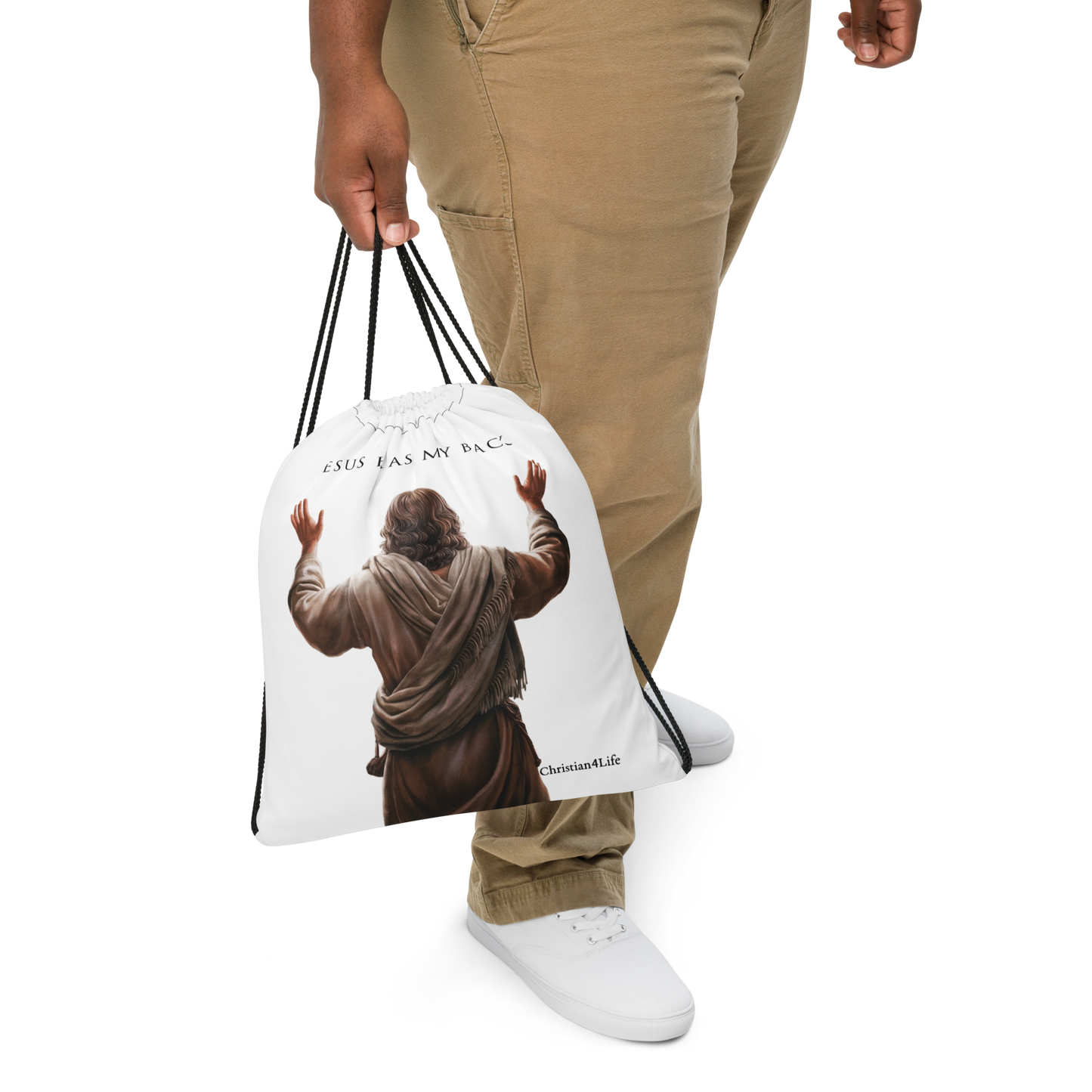 ’Jesus Has My Back’ Drawstring bag 15″ × 17″ (white) - Bags