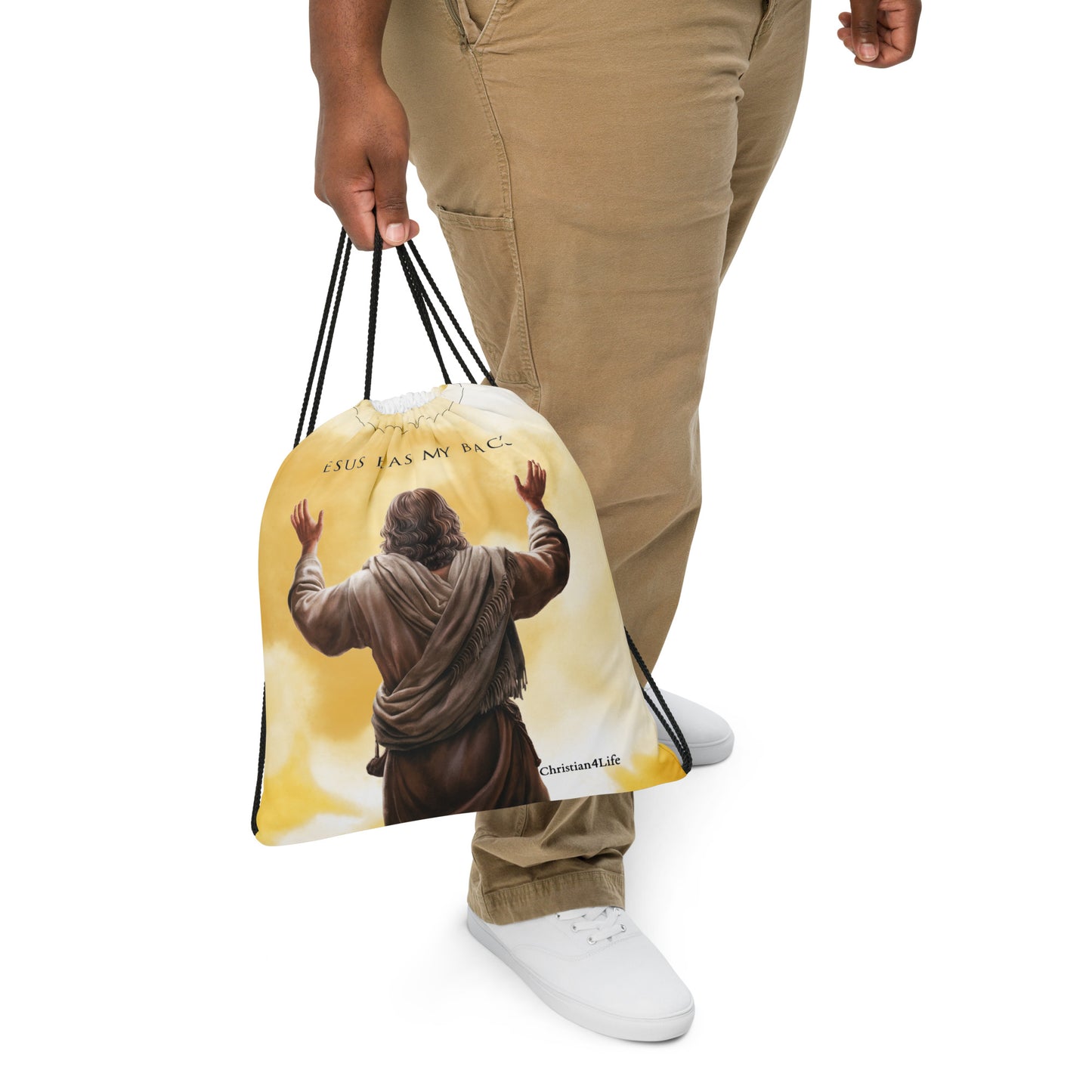 ’Jesus Has My Back’ Drawstring bag 15″ × 17″ (yellow tie-dye) - Bags