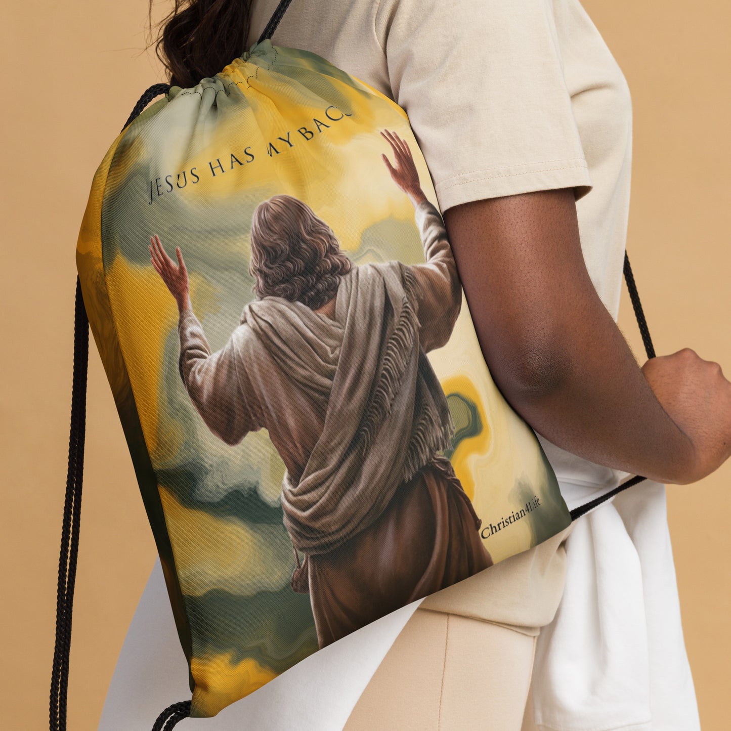 ’Jesus Has My Back’ Drawstring bag (earth tones) - Bags