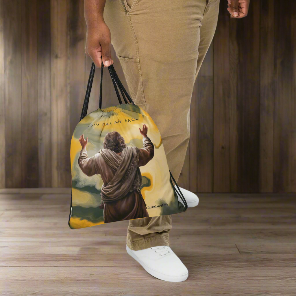 ’Jesus Has My Back’ Drawstring bag (earth tones) - Bags