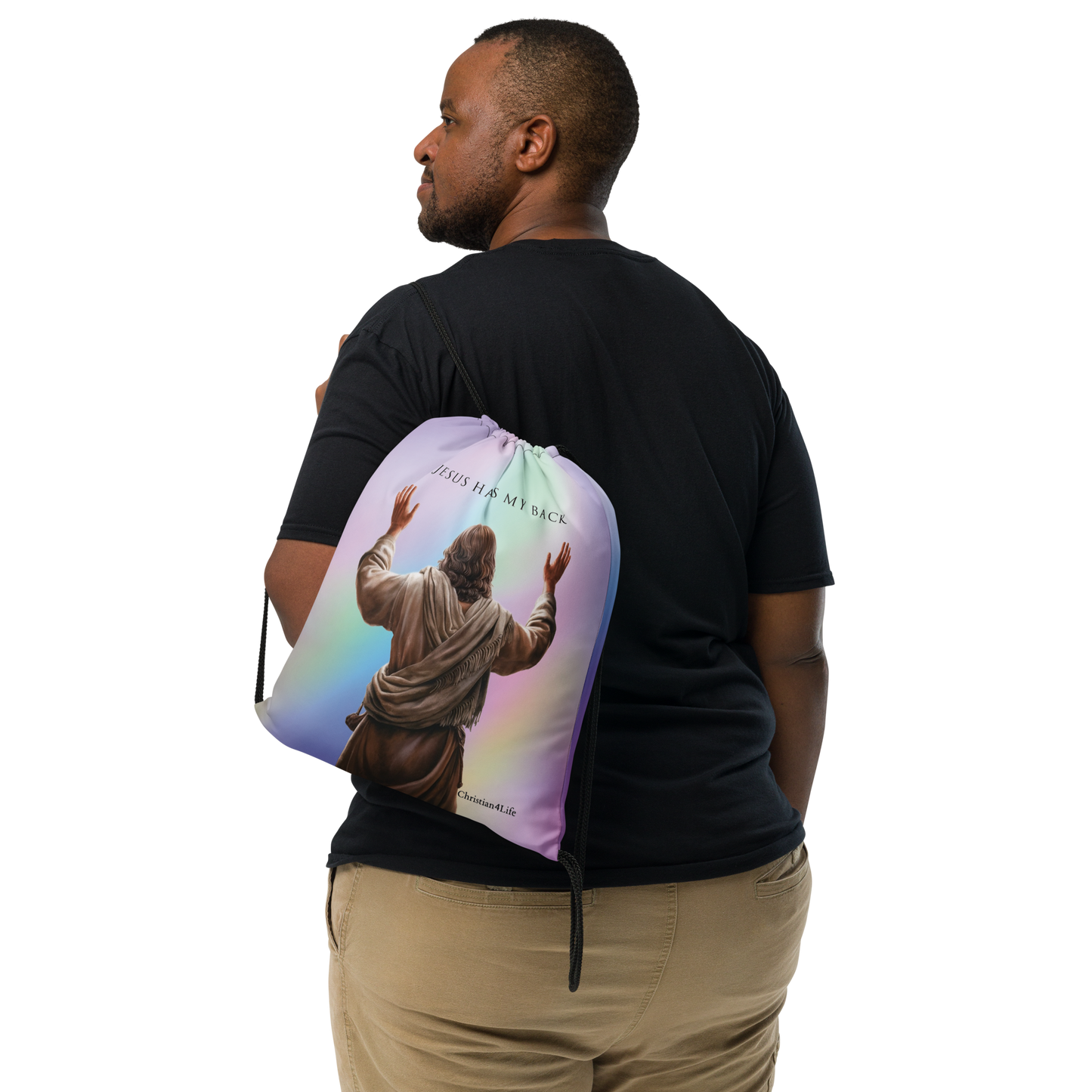 ’Jesus Has My Back’ 15″ × 17″ Drawstring bag (multi-color) - Bags