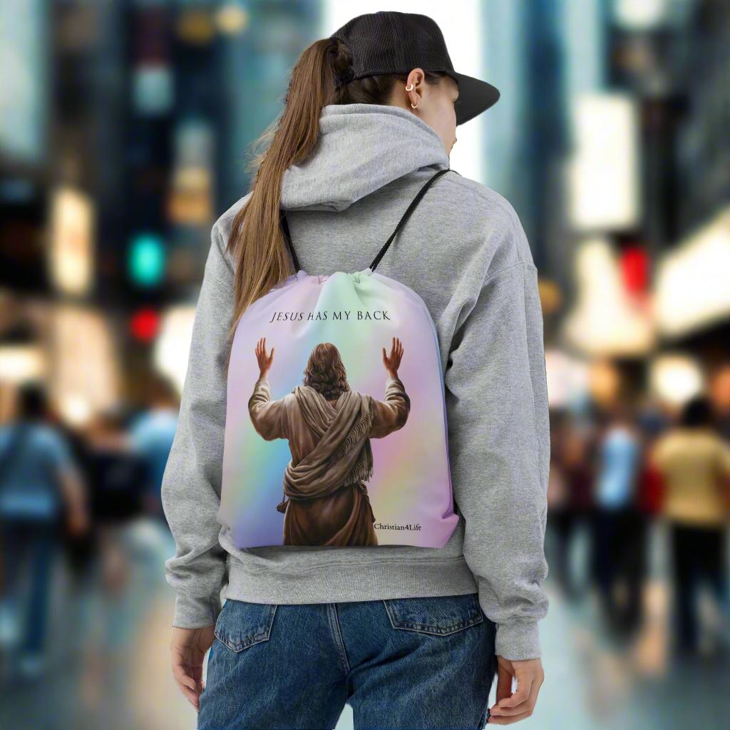 ’Jesus Has My Back’ 15″ × 17″ Drawstring bag (multi-color) - Bags