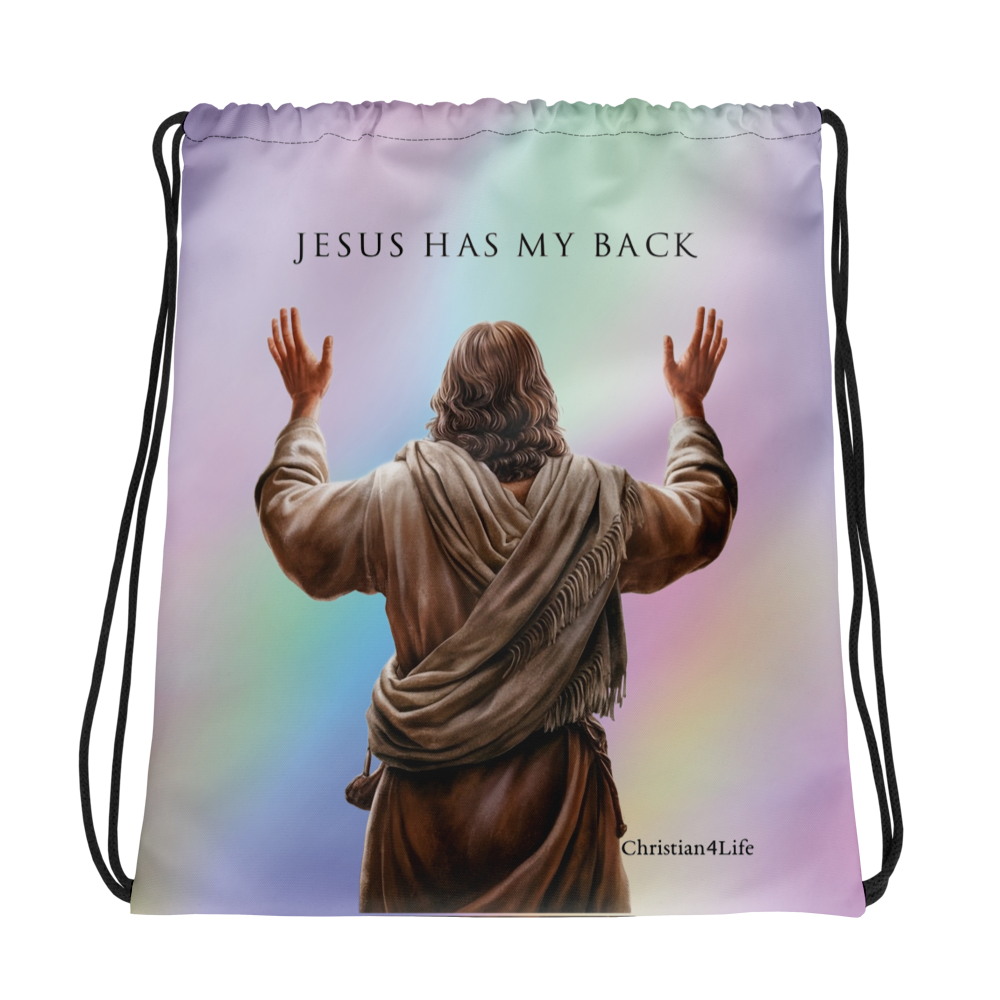 ’Jesus Has My Back’ 15″ × 17″ Drawstring bag (multi-color) - Bags
