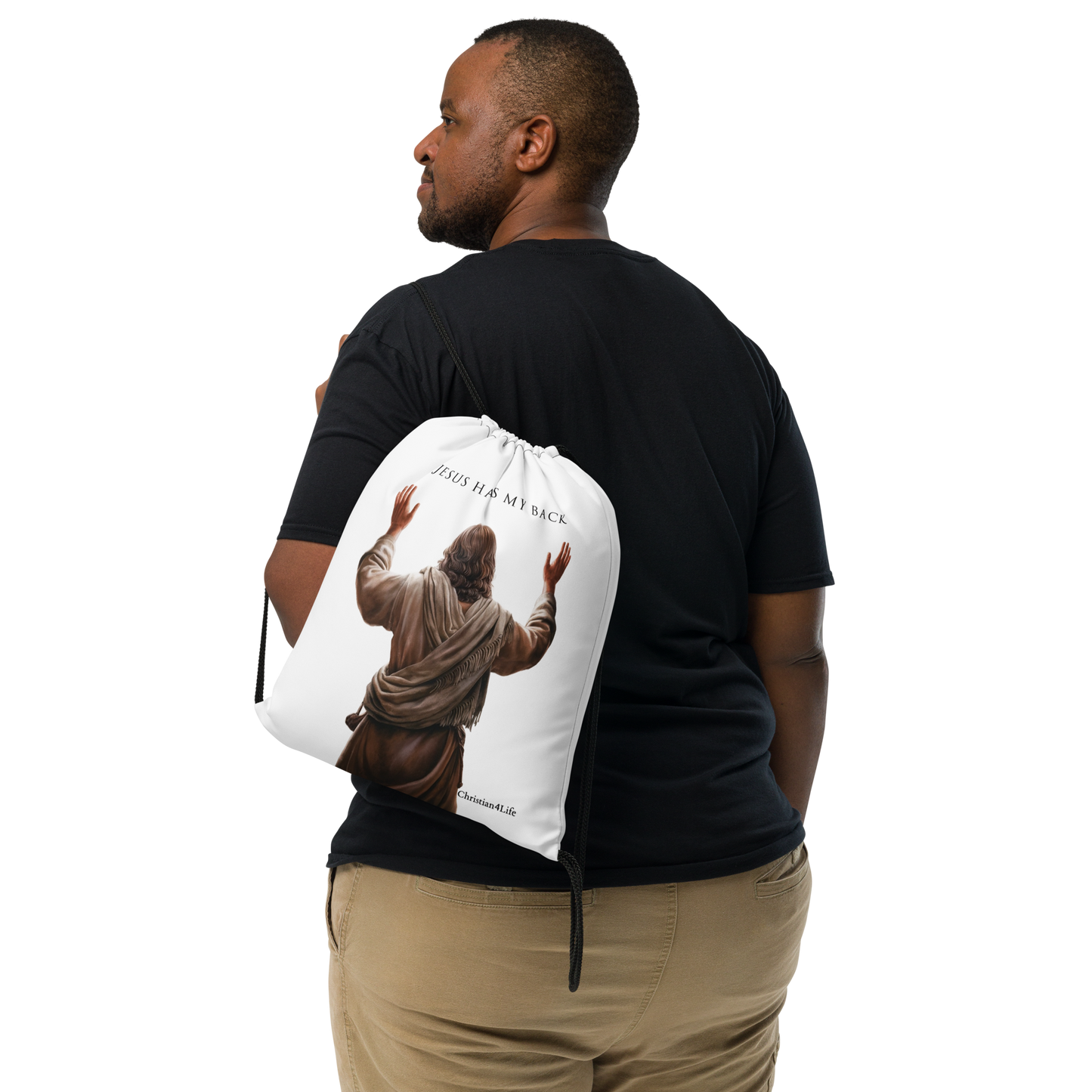 ’Jesus Has My Back’ Drawstring bag 15″ × 17″ (white) - Bags