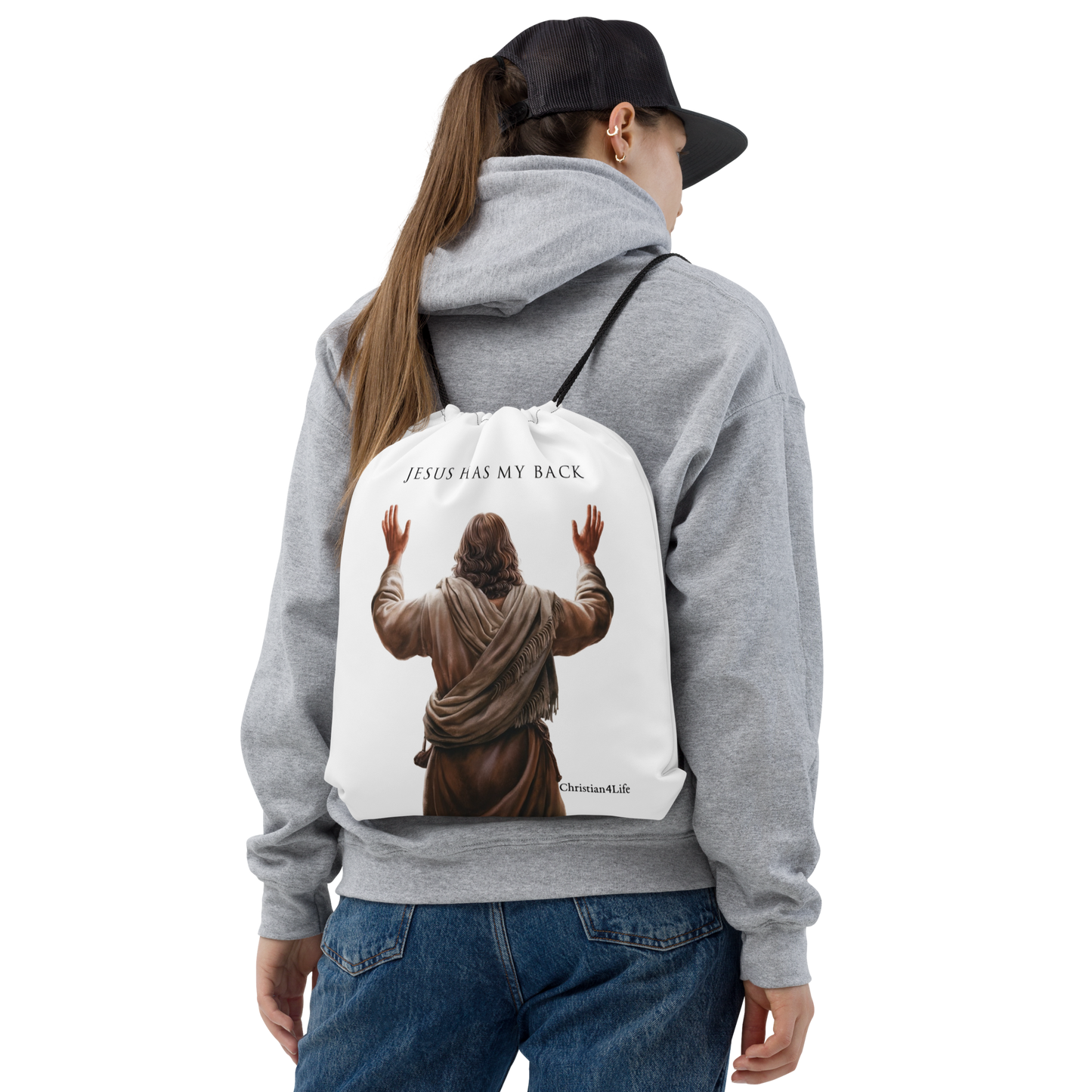 ’Jesus Has My Back’ Drawstring bag 15″ × 17″ (white) - Bags