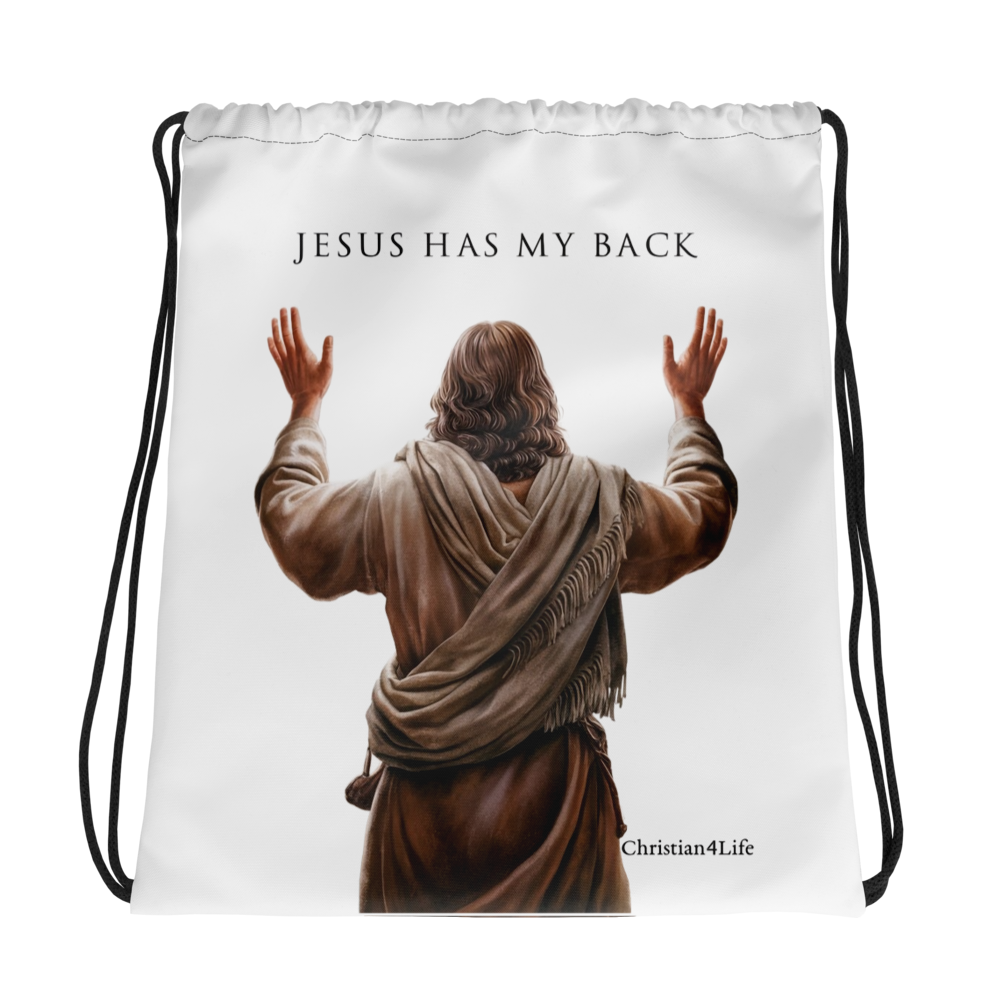 ’Jesus Has My Back’ Drawstring bag 15″ × 17″ (white) - Bags