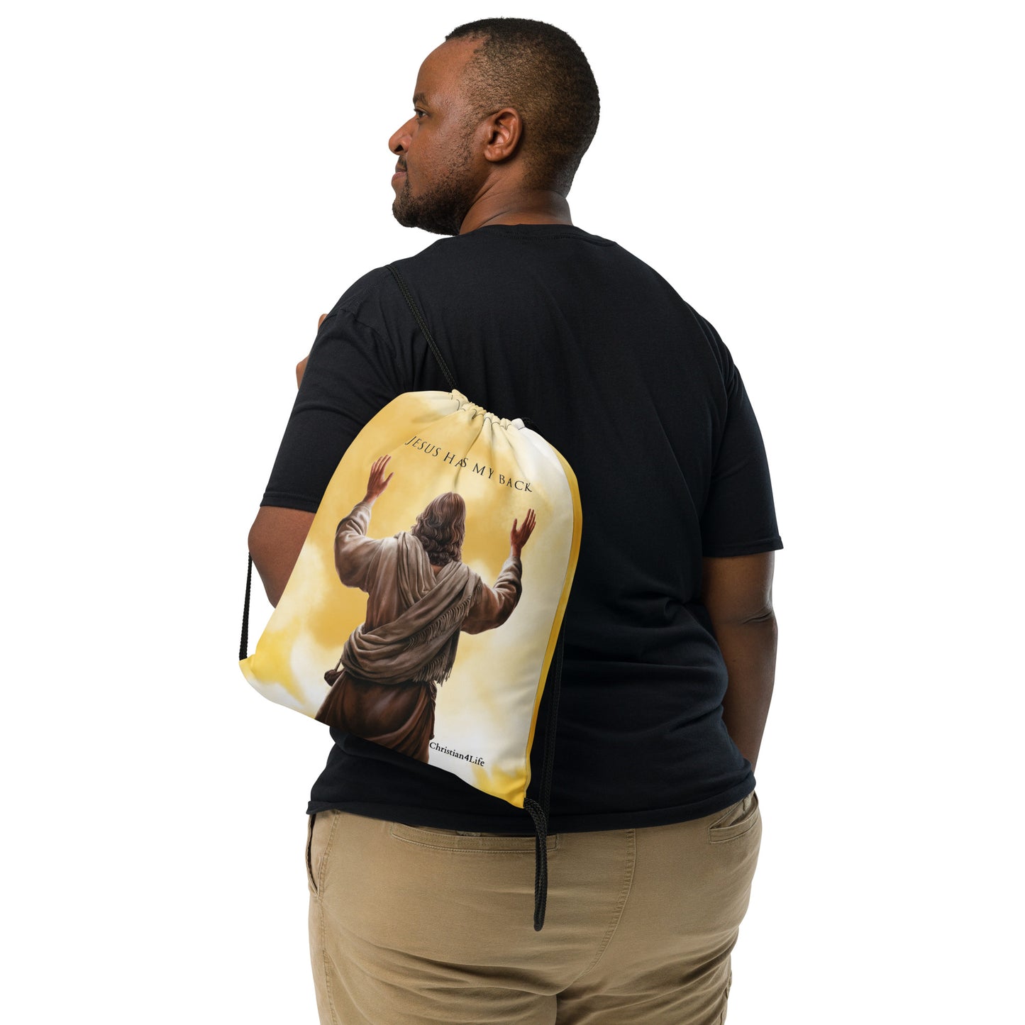 ’Jesus Has My Back’ Drawstring bag 15″ × 17″ (yellow tie-dye) - Bags