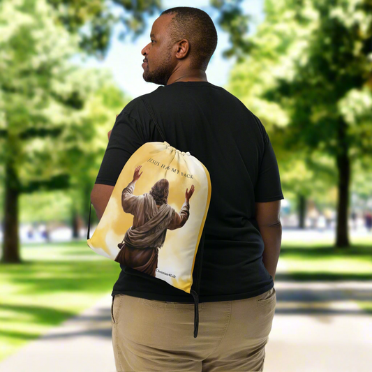 ’Jesus Has My Back’ Drawstring bag 15″ × 17″ (yellow tie-dye) - Bags