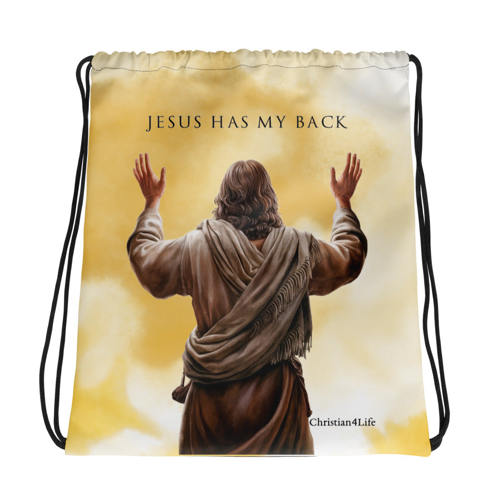 ’Jesus Has My Back’ Drawstring bag 15″ × 17″ (yellow tie-dye) - Bags