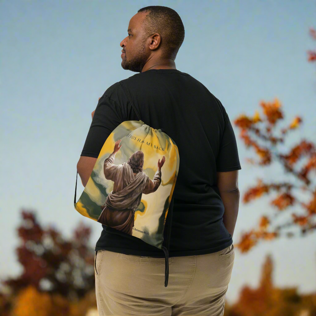 ’Jesus Has My Back’ Drawstring bag (earth tones) - Bags