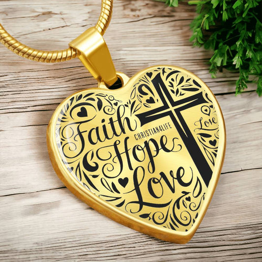 Personalized ’Faith Hope Love’ Christian heart pendant with chain - Jewelry
