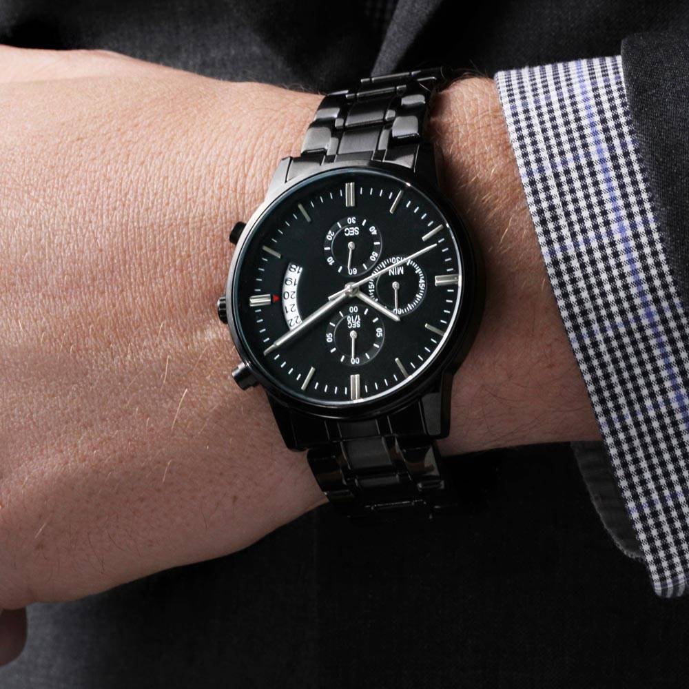 Leading with Love Engraved Design Black Chronograph Watch - Jewelry