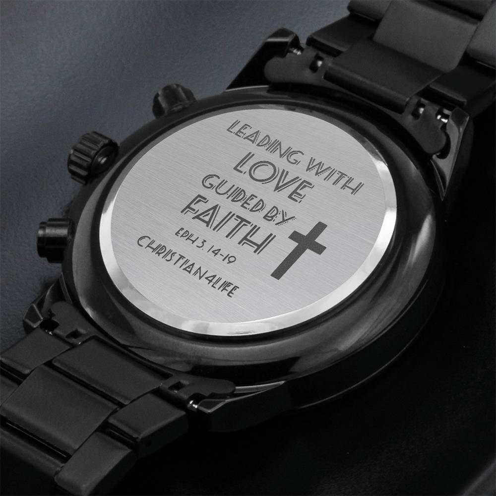 Leading with Love Engraved Design Black Chronograph Watch - Jewelry